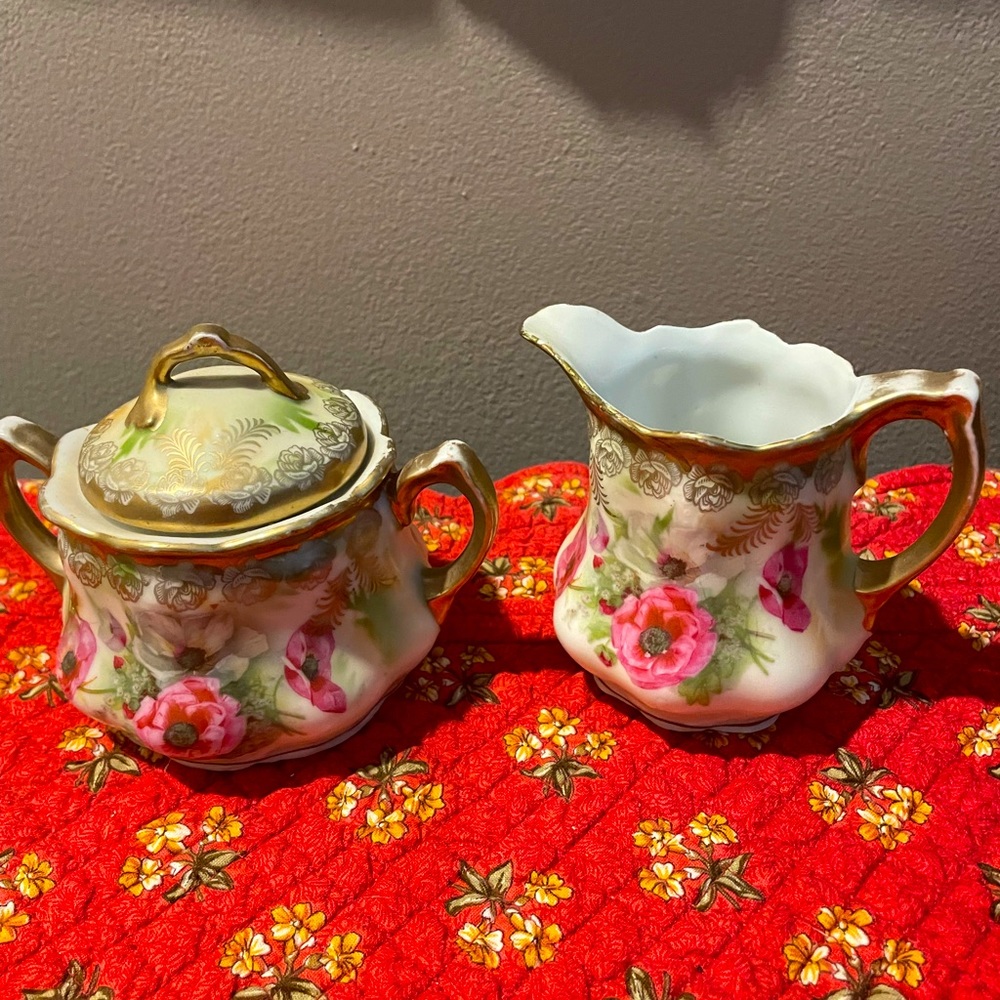 RARE Antique Creamer & Sugar Set, Floral design, Leuchtenburg Germany